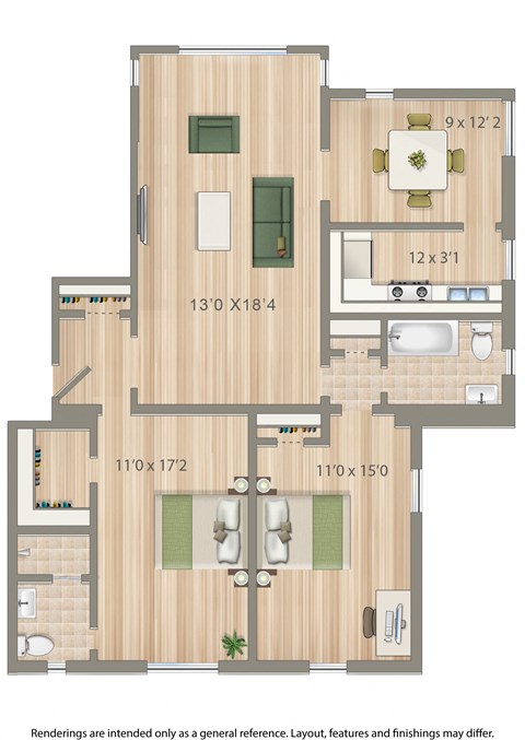 Floor plan for 2 beds, 2 baths, 1085 sqft